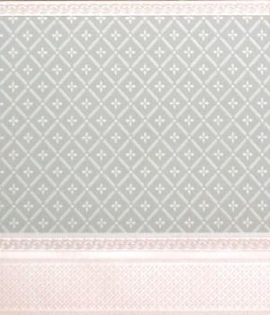 Wallpaper - 10" HIGH wall - Pearly white diamond pattern on pale aqua/teal background with pearly white borders and wainscot.