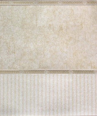 Wallpaper - 10" HIGH wall - Pearly white/pale gold crackle marble with pale gold and white borders and beige and white striped wainscot.