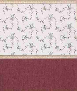 Wallpaper - 10" HIGH wall - Blue/burgundy/green/grey fine floral on pure white background with pale gold borders and burgundy textured wainscot.