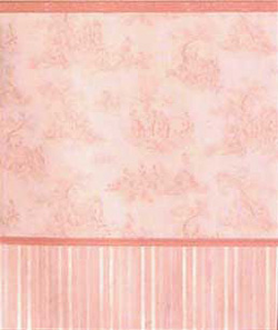 Wallpaper - 10" HIGH wall - Pale pink toile on white background with pink borders and multi-tone pink striped wainscot.