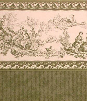 Wallpaper - 12" high wall - Large pale olive toile mural with two-tone olive striped wainscot.